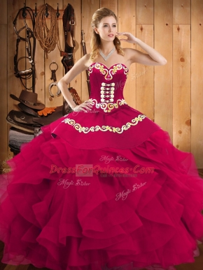 Fine Satin and Organza Sweetheart Sleeveless Lace Up Embroidery and Ruffles 15th Birthday Dress in Fuchsia