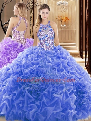 Latest Blue Sleeveless Organza Court Train Backless Quinceanera Dress for Prom and Military Ball and Sweet 16