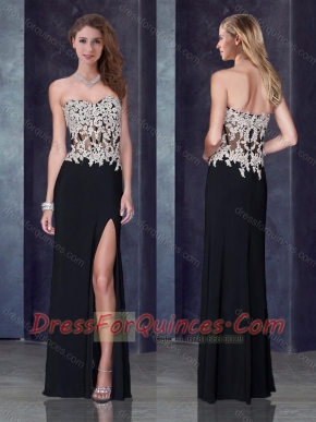 Column Black Prom Dress with High Slit and Appliques