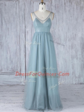 Best Floor Length Grey Dama Dress V-neck Sleeveless Zipper