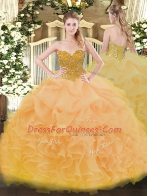 Gold Sleeveless Beading and Ruffles Floor Length Sweet 16 Quinceanera Dress