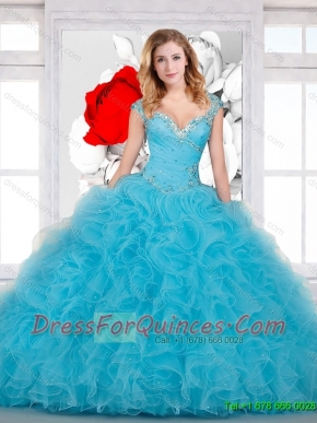 2016 Perfect Ball Gown Beaded and Ruffles Sweet 16 Dress in Aqua Blue