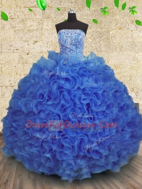 Glittering Royal Blue Ball Gowns Organza Strapless Sleeveless Beading and Ruffles Floor Length Lace Up 15 Quinceanera Dress
