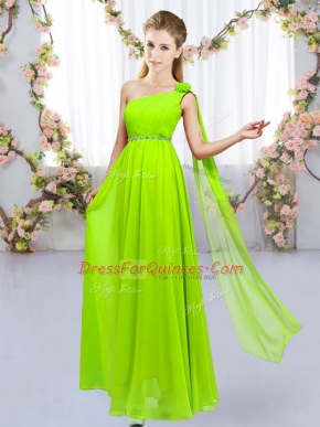 Edgy Yellow Green One Shoulder Lace Up Beading and Hand Made Flower Vestidos de Damas Sleeveless