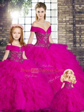 Fuchsia Sleeveless Beading and Ruffles Floor Length Quinceanera Dresses