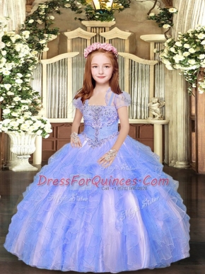 High End Blue And White Lace Up Pageant Gowns For Girls Beading and Ruffles Sleeveless Floor Length