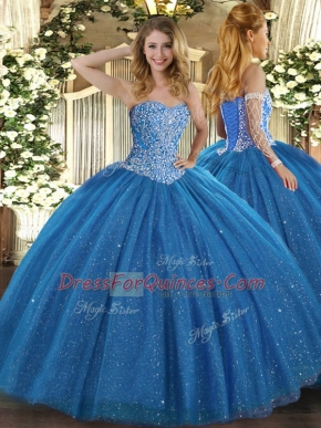 Dazzling Blue Tulle Lace Up Sweet 16 Quinceanera Dress Sleeveless Floor Length Beading