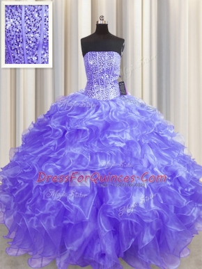 Fashionable Visible Boning Organza Strapless Sleeveless Lace Up Beading and Ruffles Quinceanera Dress in Lavender