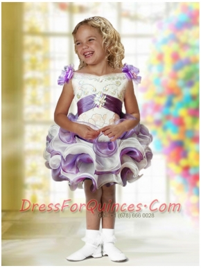 Romantic Ball Gown Mini-length Beading White and Purple Little Girl Dress with V-neck