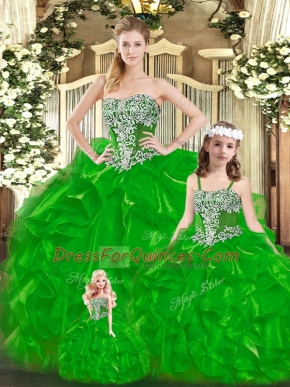 Chic Green Lace Up Strapless Beading and Ruffles Ball Gown Prom Dress Organza Sleeveless