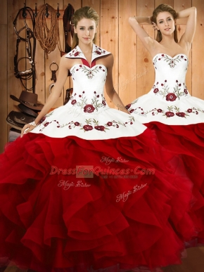 Glittering Wine Red Satin and Organza Lace Up Halter Top Sleeveless Floor Length Sweet 16 Quinceanera Dress Embroidery and Ruffles
