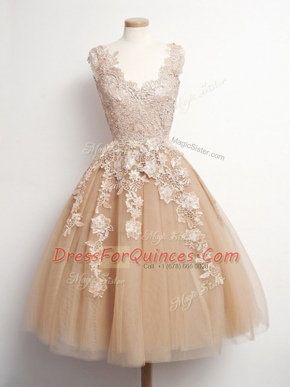 Sleeveless Lace Up Knee Length Appliques Quinceanera Court Dresses