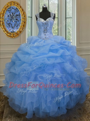 Simple Straps Sleeveless Sweet 16 Quinceanera Dress Floor Length Beading and Ruffles Blue Organza