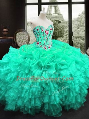 Super Sleeveless Embroidery and Ruffles Lace Up Ball Gown Prom Dress