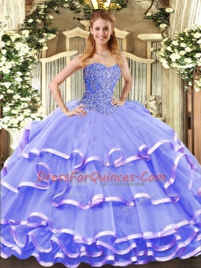 Lavender Sleeveless Floor Length Beading and Ruffled Layers Lace Up Quinceanera Dress