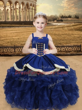 Elegant Ball Gowns Little Girls Pageant Dress Blue Straps Organza Sleeveless Floor Length Lace Up