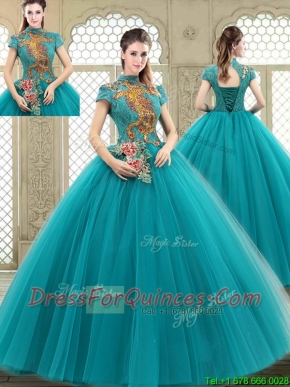 Luxurious High Neck Appliques Sweet 16 Dresses with Short Sleeves