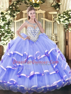 Flare Lavender Scoop Zipper Beading and Ruffled Layers Sweet 16 Dresses Sleeveless