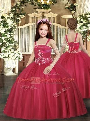 Latest Ball Gowns Child Pageant Dress Red Straps Tulle Sleeveless Floor Length Lace Up