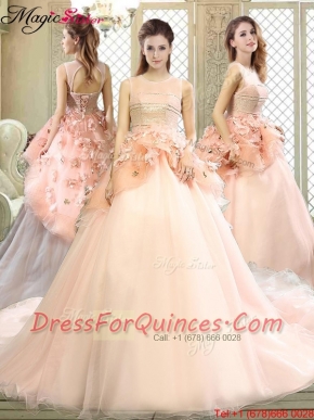 Beautiful Scoop Court Train Quinceanera Dresses with Hand Made Flowers