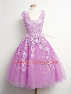 Glamorous Lilac A-line V-neck Sleeveless Tulle Knee Length Lace Up Appliques Quinceanera Court of Honor Dress