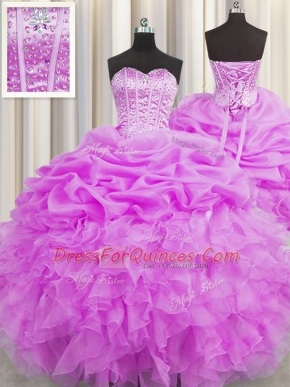 Visible Boning Sleeveless Beading and Ruffles and Pick Ups Lace Up 15 Quinceanera Dress
