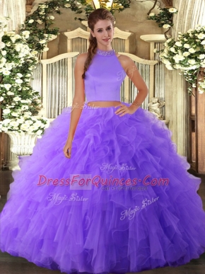 Charming Lavender Two Pieces Tulle Halter Top Sleeveless Beading and Ruffles Floor Length Backless Quince Ball Gowns