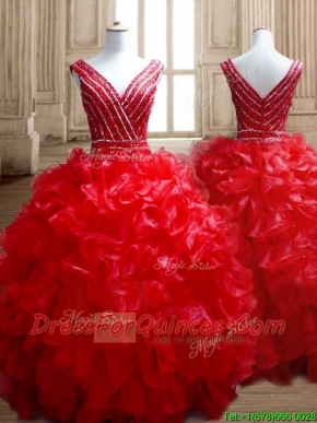 Sexy Deep V Neckline Red Quinceanera Dress with Beading and Ruffles