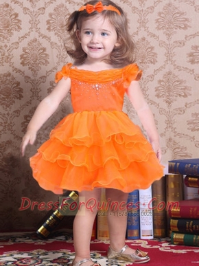 Popular Orange A-Line Off the Shoulder Little Girl Dress with Beading and Ruffles