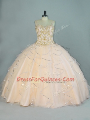 Customized Floor Length Champagne Vestidos de Quinceanera Straps Sleeveless Lace Up