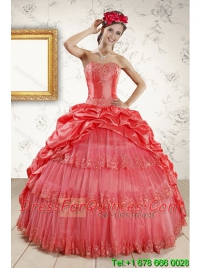 2015 Classical Strapless Coral Red Quinceanera Dresses with Pick Ups and Beading