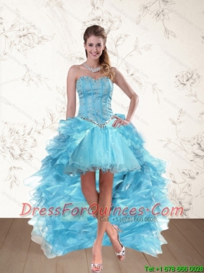 Baby Blue Sweetheart High Low Dama Dresses with Ruffles and Beading