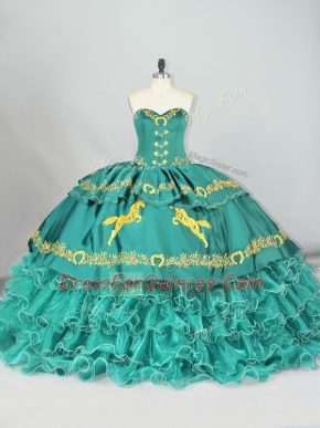 Turquoise Satin and Organza Lace Up Sweetheart Sleeveless Quinceanera Gowns Brush Train Embroidery and Ruffled Layers