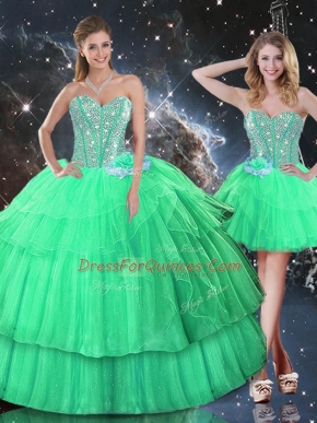 Apple Green Organza Lace Up Sweetheart Sleeveless Floor Length 15th Birthday Dress Ruffled Layers and Sequins
