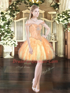 Best Off The Shoulder Sleeveless Tulle Prom Dress Beading and Ruffles Lace Up