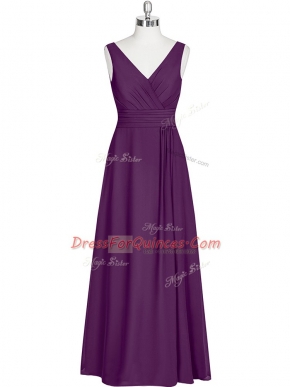 High Class Sleeveless Floor Length Ruching Zipper Prom Dresses with Eggplant Purple
