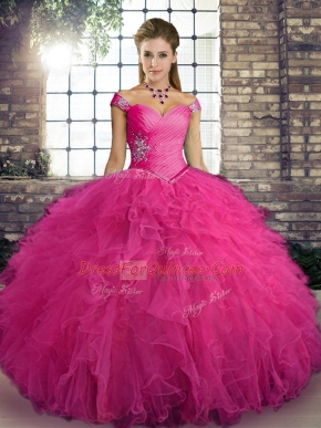 Floor Length Hot Pink Sweet 16 Dress Off The Shoulder Sleeveless Lace Up
