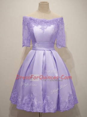 Lavender Half Sleeves Knee Length Lace Lace Up Dama Dress for Quinceanera