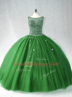 Tulle Scoop Sleeveless Brush Train Zipper Beading Quinceanera Gown in Dark Green