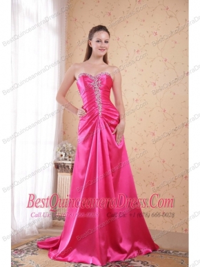 Hot Pink Empire Sweetheart Sweep / Brush Train Taffeta Beading Prom Dress