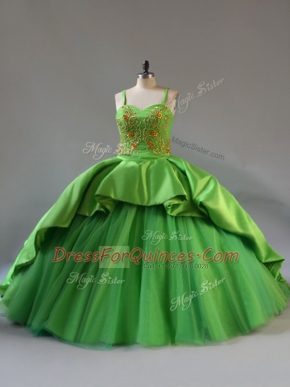 Fashion Court Train Ball Gowns 15 Quinceanera Dress Green Straps Satin and Tulle Sleeveless Lace Up