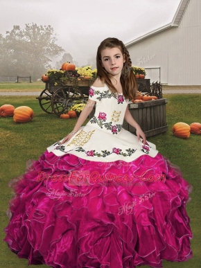 Fancy Floor Length Lace Up Little Girl Pageant Gowns Fuchsia for Party and Wedding Party with Embroidery and Ruffles