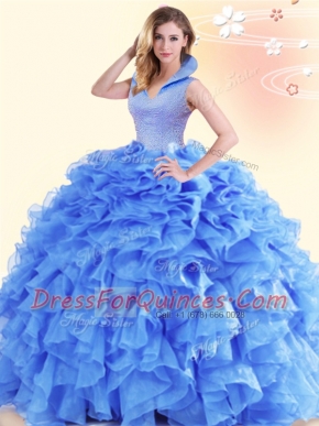 Glorious Backless Floor Length Blue Sweet 16 Dress Organza Sleeveless Beading and Ruffles