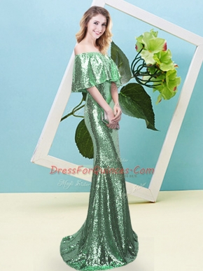 Dynamic Short Sleeves Floor Length Sequins Zipper Prom Dress with Turquoise