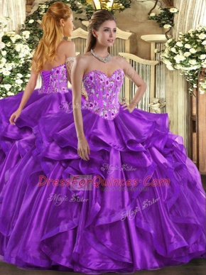 Admirable Eggplant Purple Ball Gowns Embroidery and Ruffles Ball Gown Prom Dress Lace Up Organza Sleeveless Floor Length