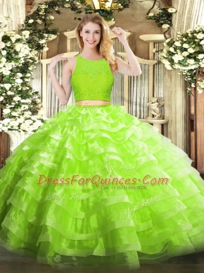 High Quality Yellow Green Zipper Sweet 16 Quinceanera Dress Lace and Ruffled Layers Sleeveless Floor Length