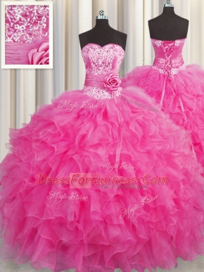 Handcrafted Flower Hot Pink Ball Gowns Organza Sweetheart Sleeveless Beading and Ruffles Floor Length Lace Up Quinceanera Gown