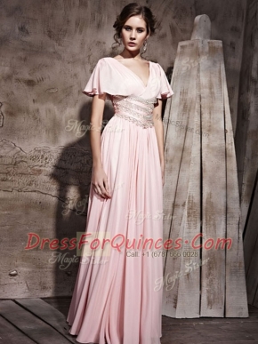 Custom Made V-neck Short Sleeves Chiffon Dress for Prom Beading and Ruching Side Zipper