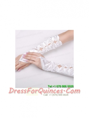 Unique Satin Fingerless Elbow Length Bridal Gloves With Butterfly-Shaped Flowers