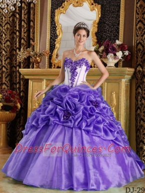 Purple Sweetheart Ball Gown Floor-length Organza Hand Made Flowers 15th Birthday Dresses